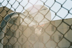 A basketball net and building seen through a chain fence. 